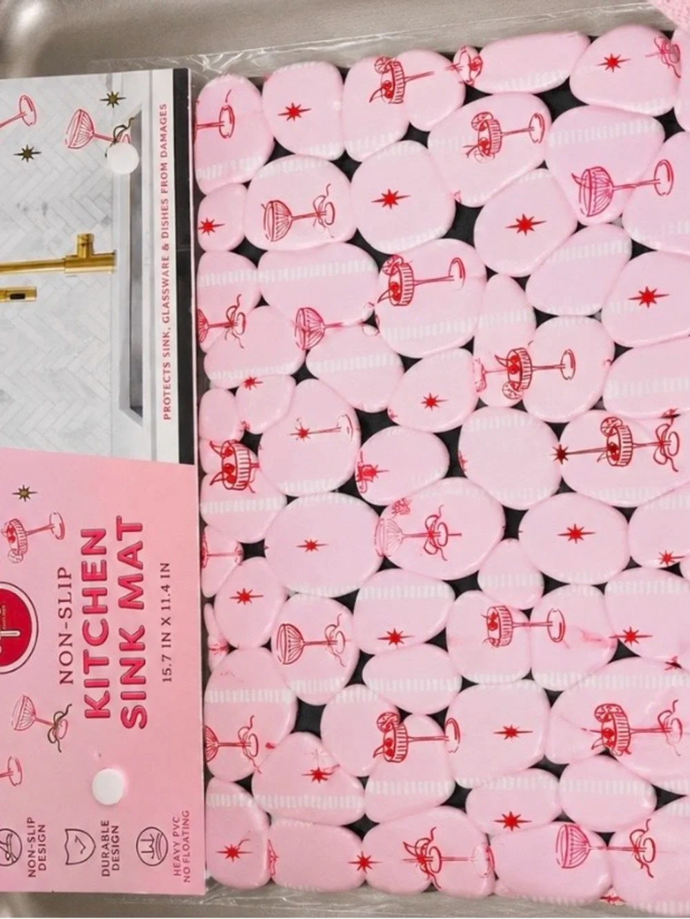 Pink Cocktail Glass Non Slip Kitchen Sink Mat Barware Pebble Mat NWT